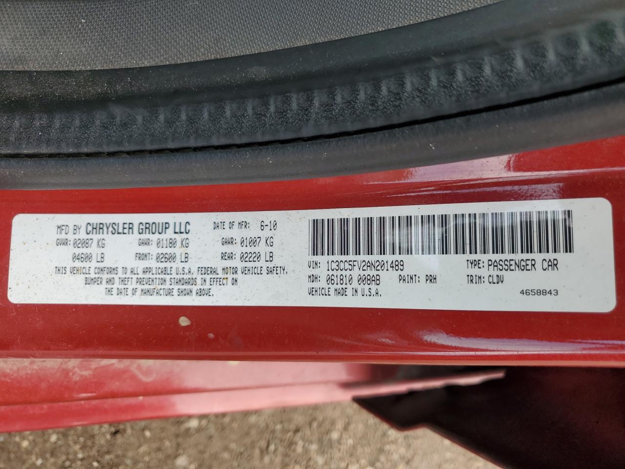2010 Chrysler Sebring Limited VIN: 1C3CC5FV2AN201489 Lot: 61411255