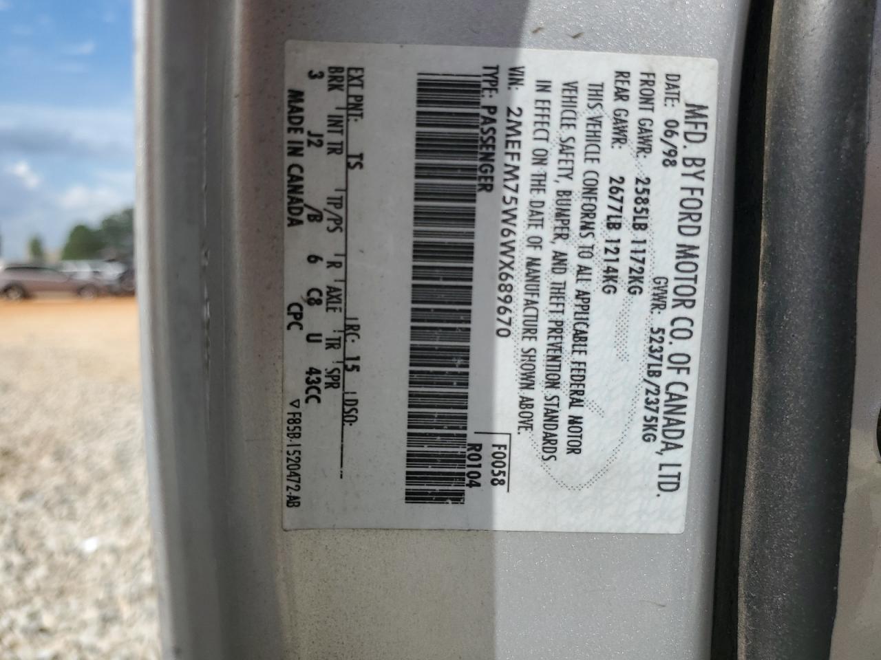 1998 Mercury Grand Marquis Ls VIN: 2MEFM75W6WX689670 Lot: 65630115