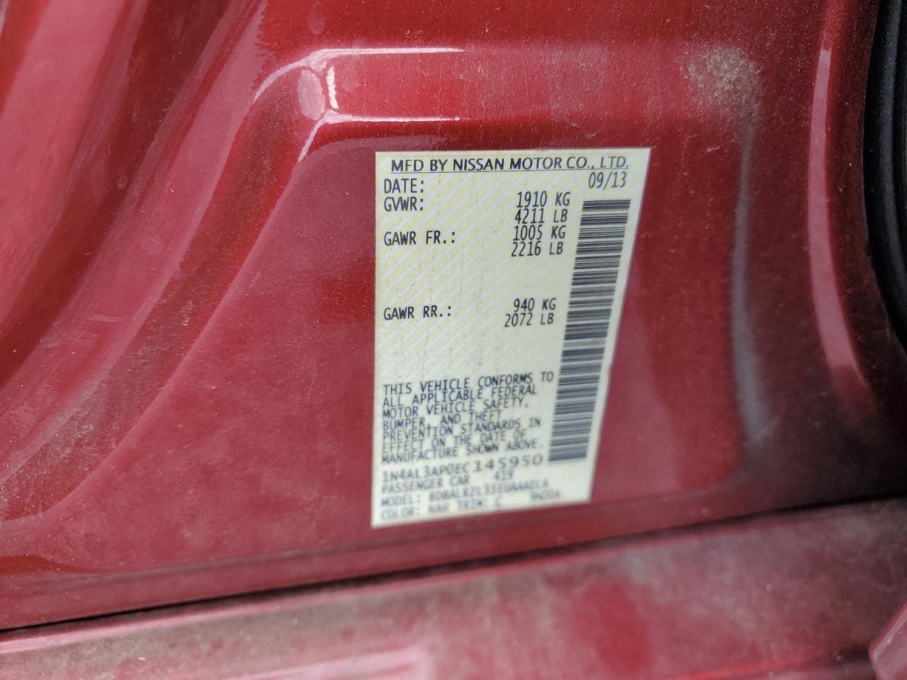 2014 Nissan Altima 2.5 VIN: 1N4AL3AP0EC145950 Lot: 63273795