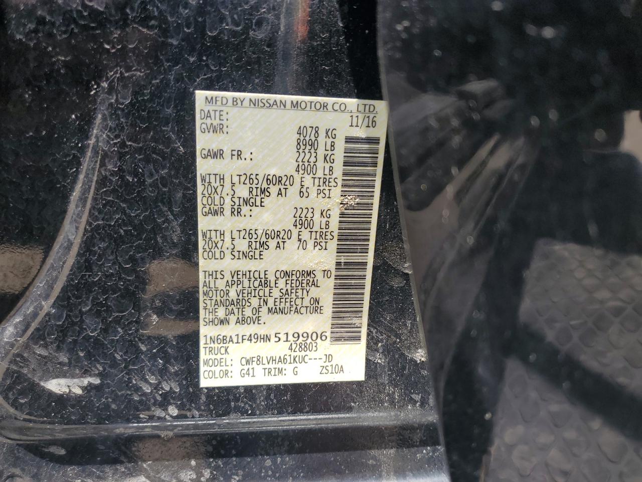 2017 Nissan Titan Xd Sl VIN: 1N6BA1F49HN519906 Lot: 63304075