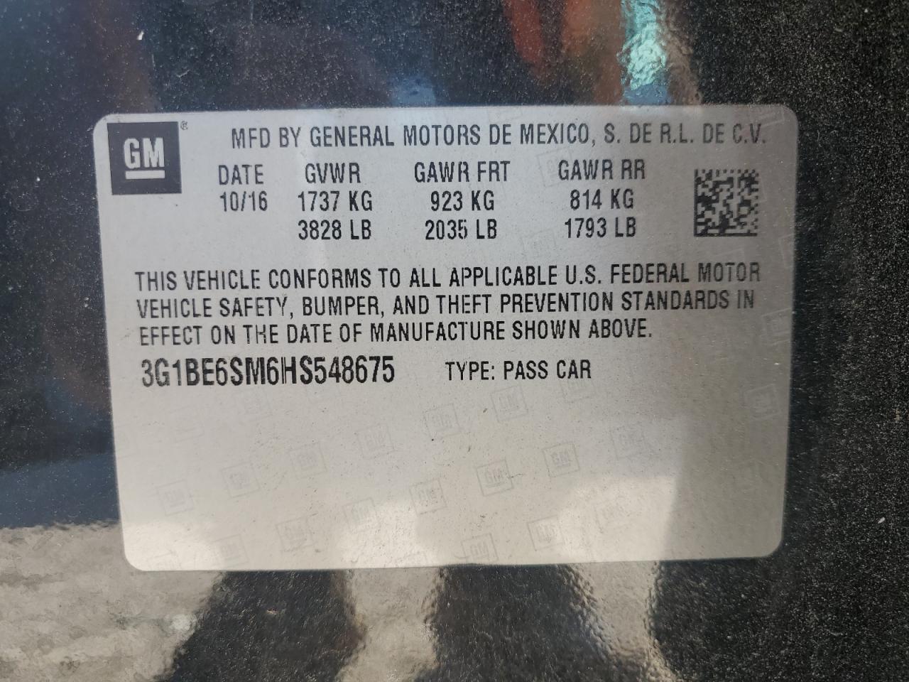 2017 Chevrolet Cruze Lt VIN: 3G1BE6SM6HS548675 Lot: 63256465