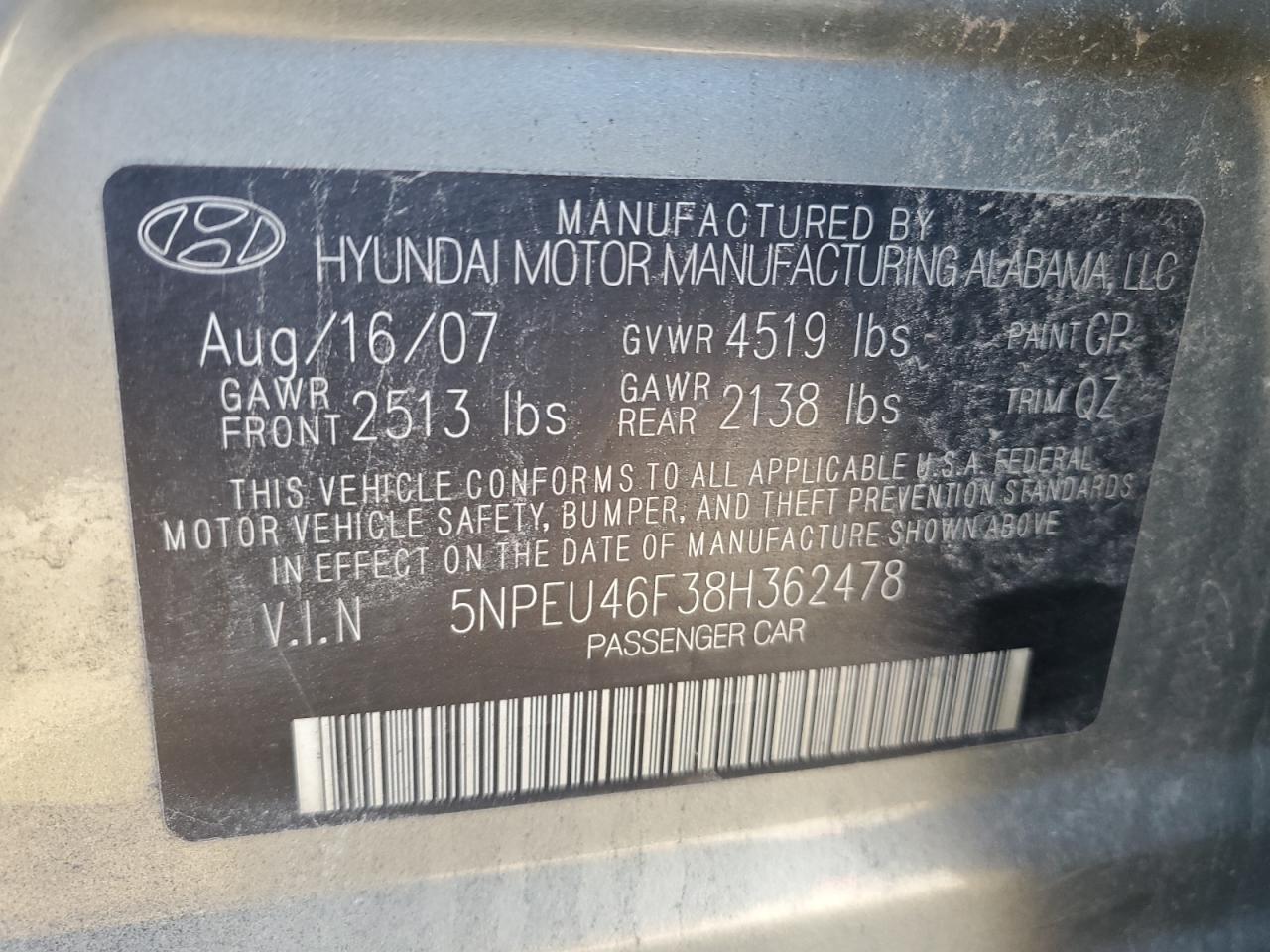 2008 Hyundai Sonata Se VIN: 5NPEU46F38H362478 Lot: 65366175