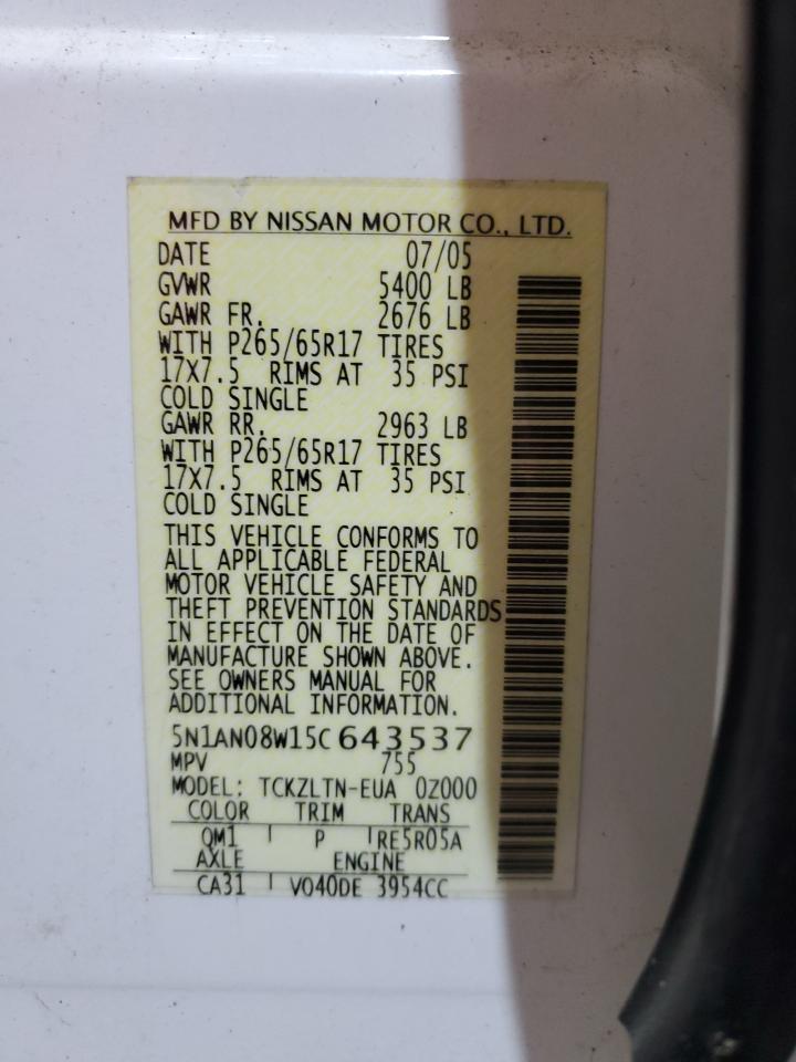 5n1an08w15c643537 5N1AN08W15C643537 2005 Nissan Xterra Off Road