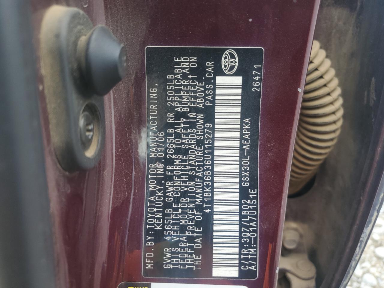 2006 Toyota Avalon Xl VIN: 4T1BK36B36U115279 Lot: 64842335