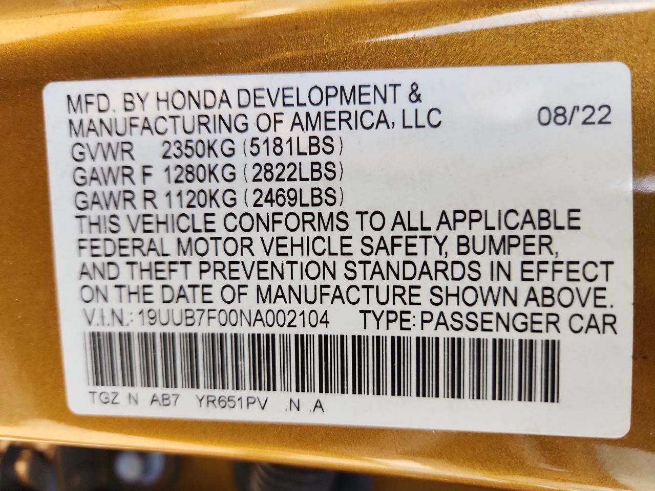 19uub7f00na002104 19UUB7F00NA002104 2022 Acura Tlx Type S