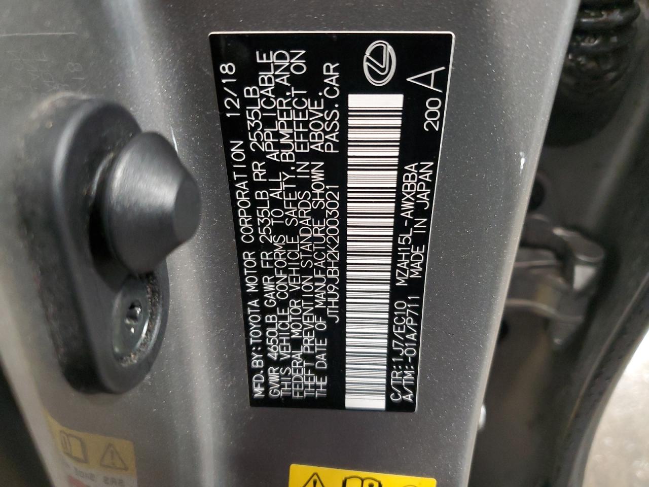 2019 Lexus Ux 250H VIN: JTHU9JBH2K2003021 Lot: 64261795