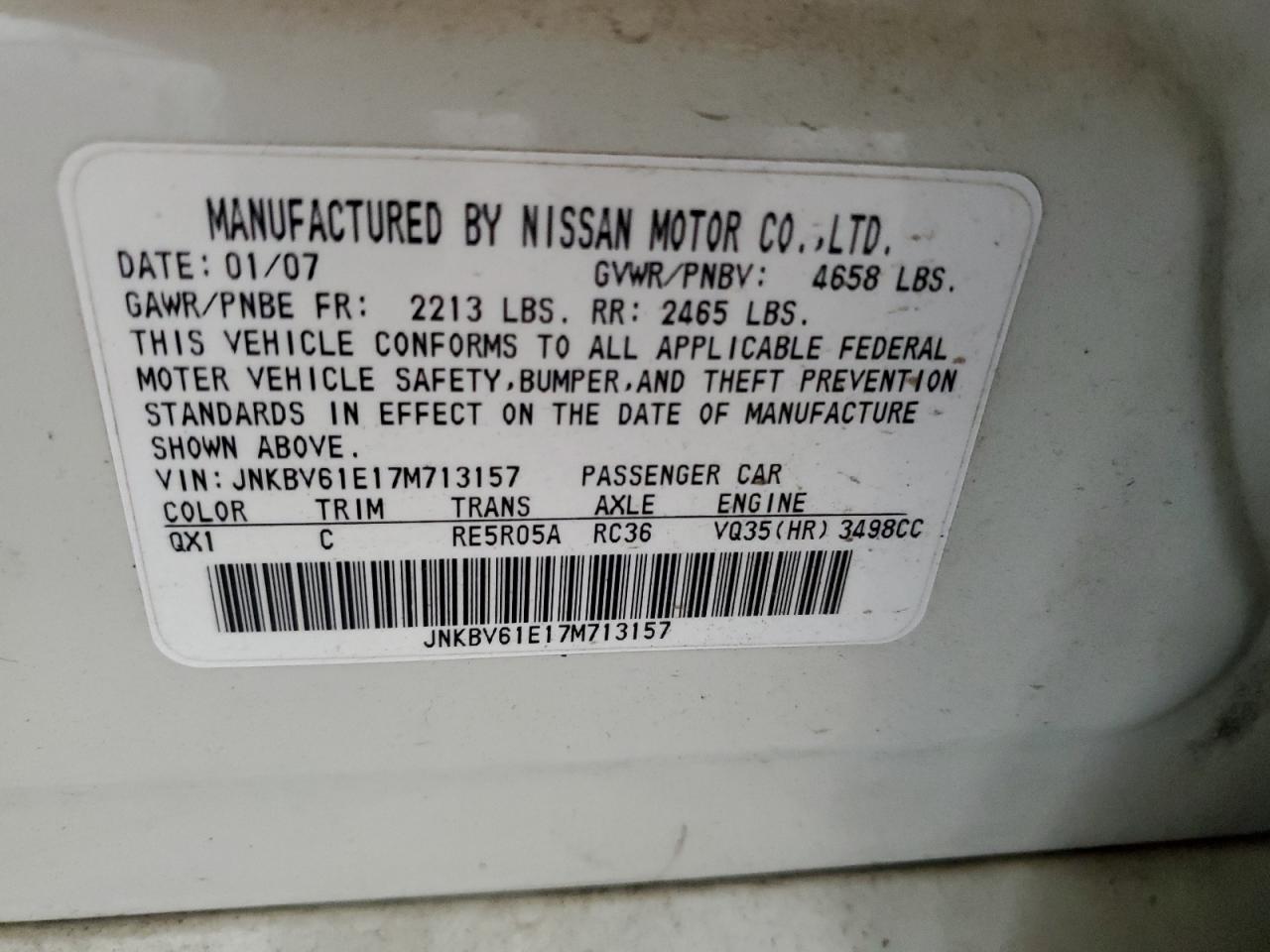 2007 Infiniti G35 VIN: JNKBV61F57M812881 Lot: 63818995