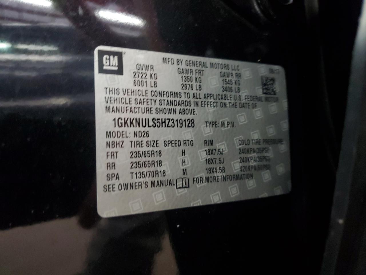 2017 GMC Acadia Slt-1 VIN: 1GKKNULS5HZ319128 Lot: 63010905