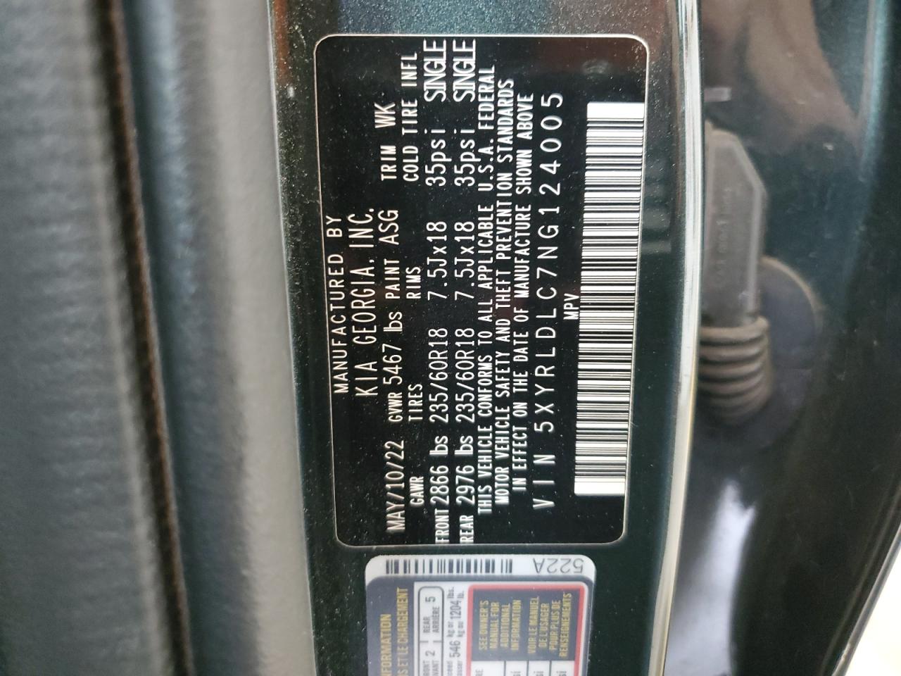 2022 Kia Sorento S VIN: 5XYRLDLC7NG124005 Lot: 64367385