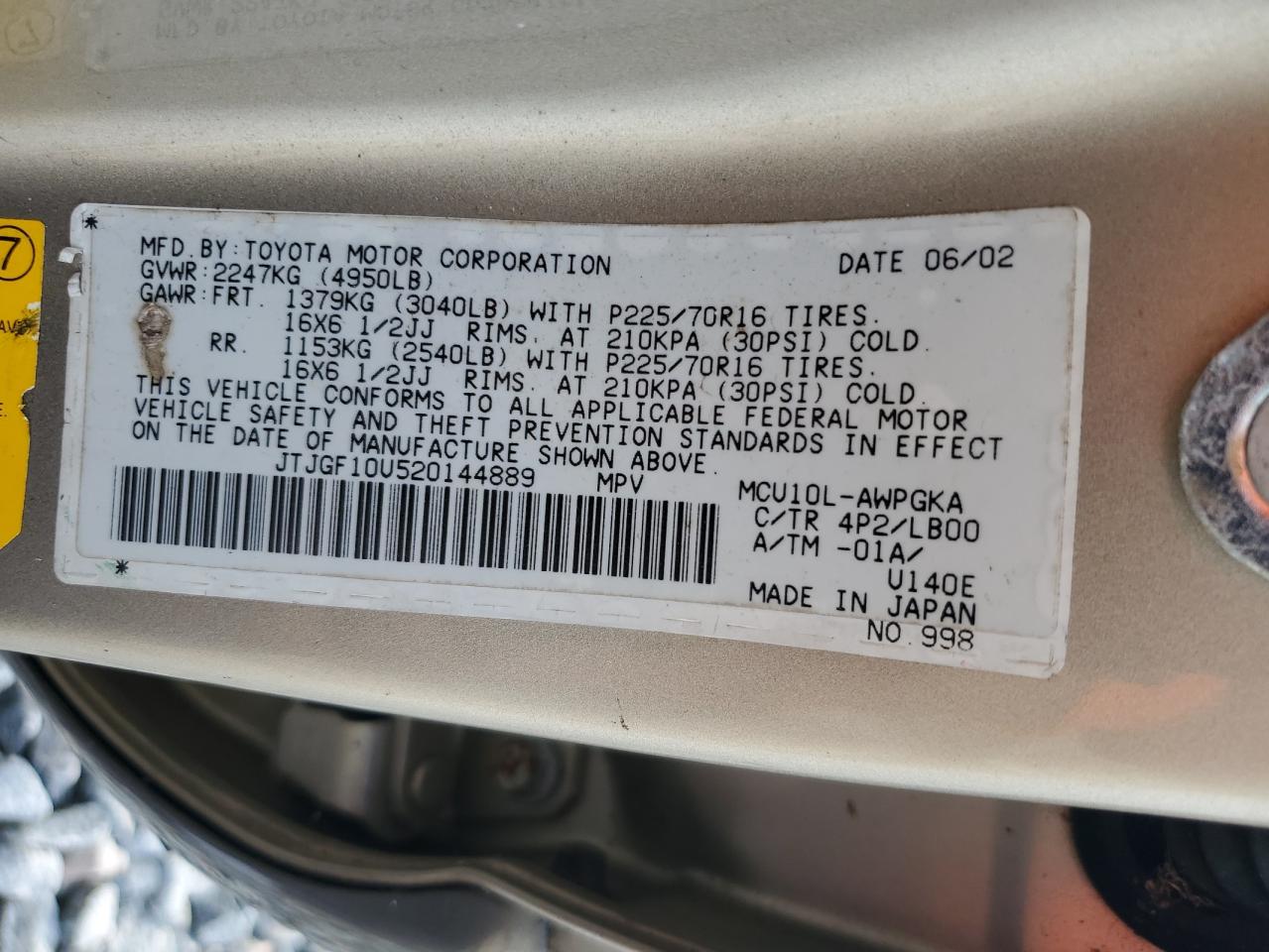 2002 Lexus Rx 300 VIN: JTJGF10U520144889 Lot: 63993025