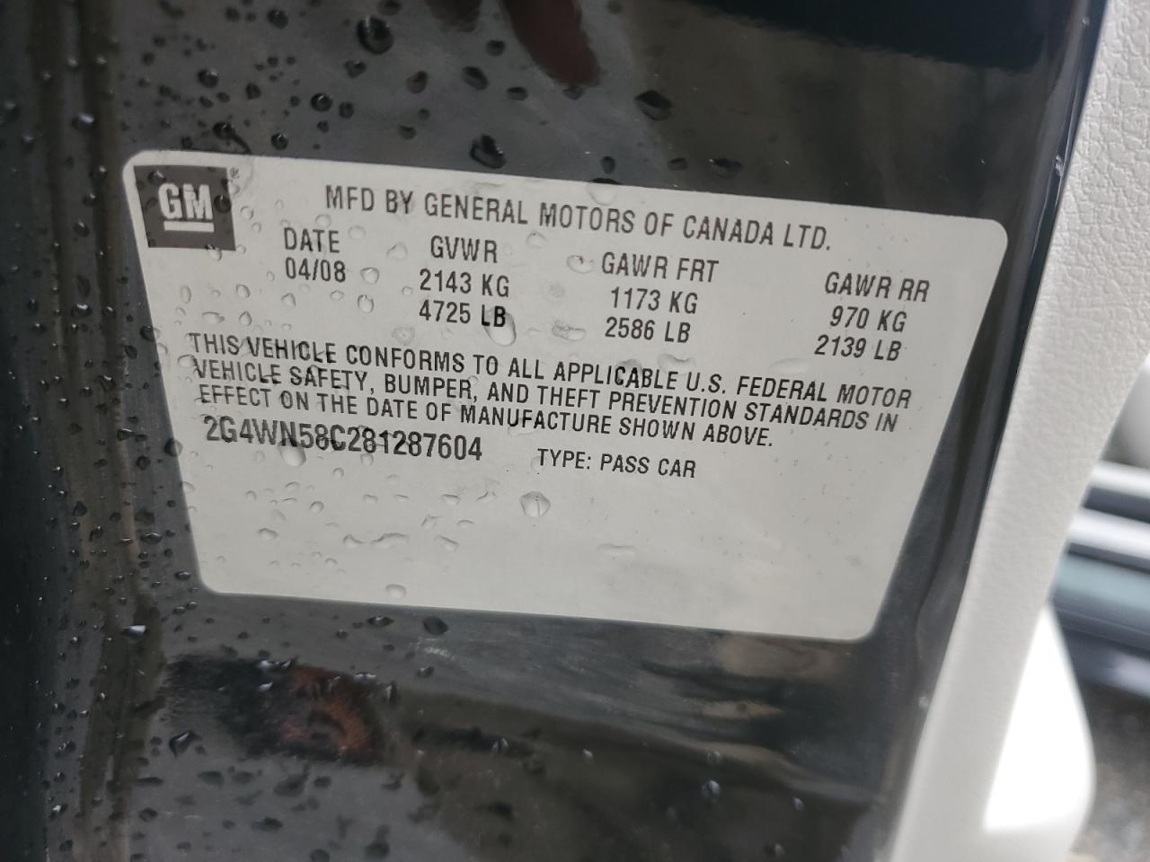 2008 Buick Lacrosse Super Series VIN: 2G4WN58C281287604 Lot: 64236845