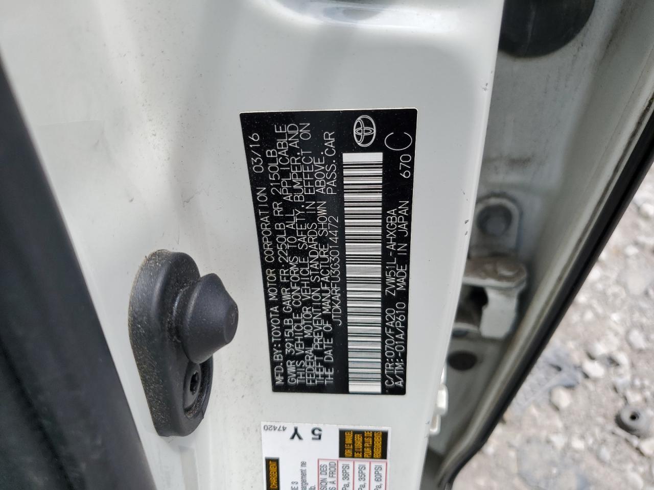 2016 Toyota Prius VIN: JTDKARFU3G3014472 Lot: 64207575
