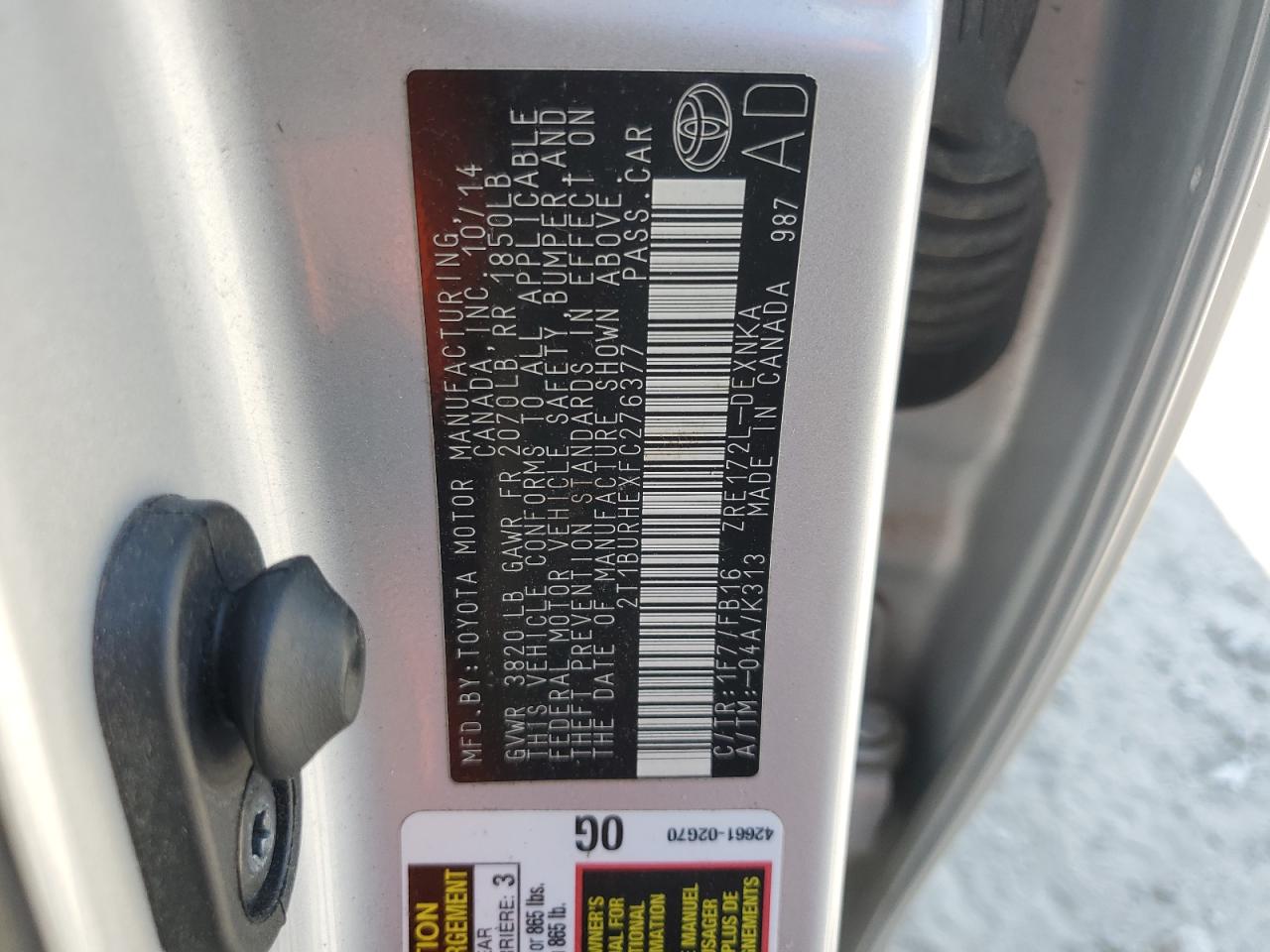 2015 Toyota Corolla L VIN: 2T1BURHEXFC276377 Lot: 64822415