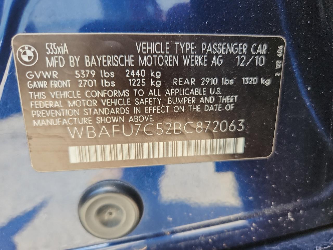 2011 BMW 535 Xi VIN: WBAFU7C52BC87206 Lot: 64645865