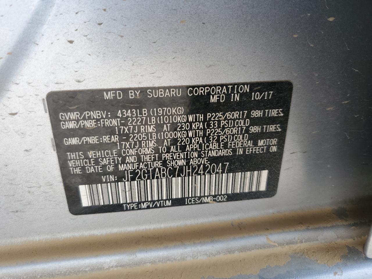 2018 Subaru Crosstrek Premium VIN: JF2GTABC7JH242047 Lot: 62541135