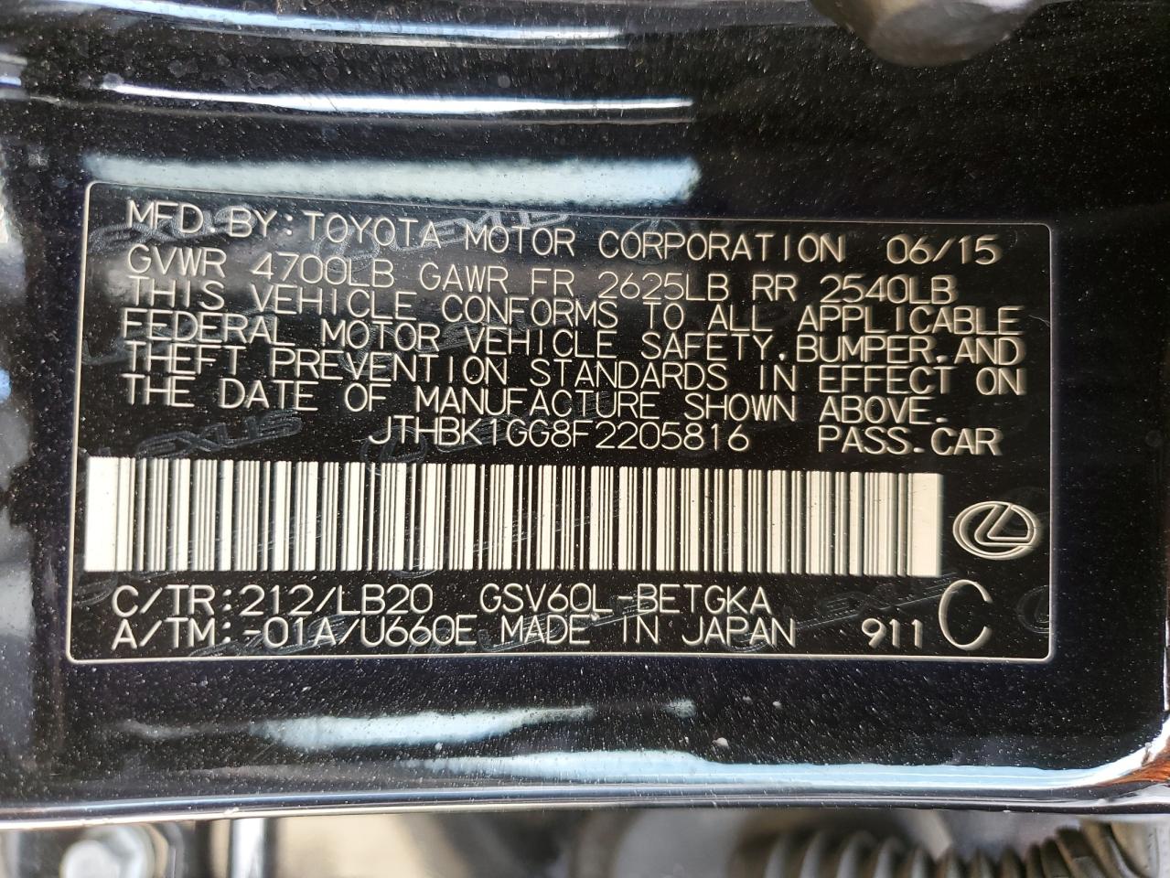 2015 Lexus Es 350 VIN: JTHBK1GG8F2205816 Lot: 61867965