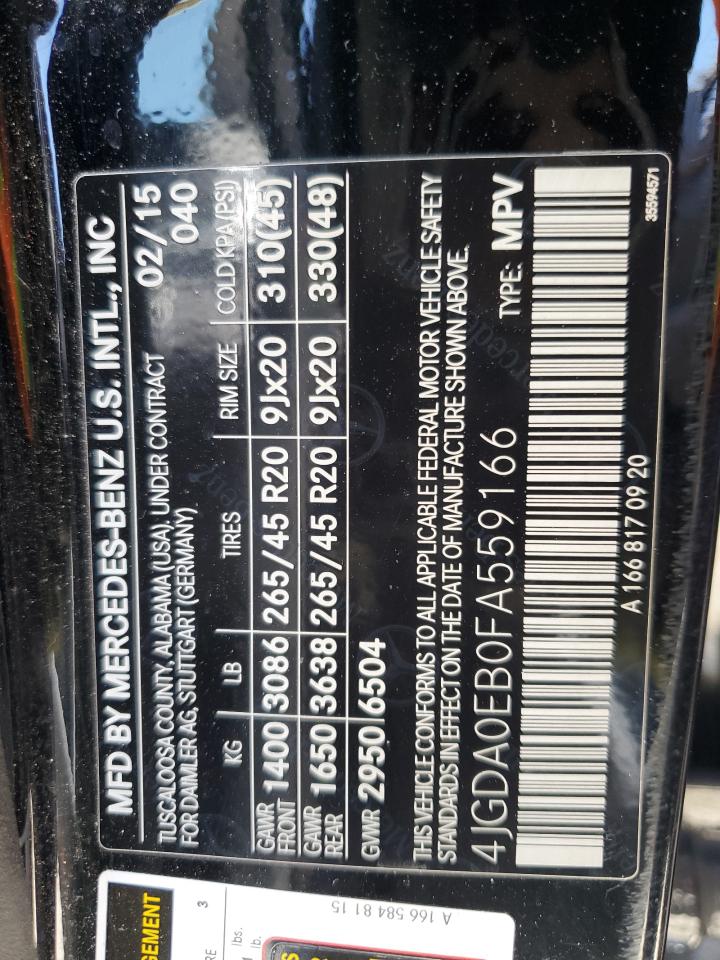 2015 Mercedes-Benz Ml 250 Bluetec VIN: 4JGDA0EB0FA559166 Lot: 66541405