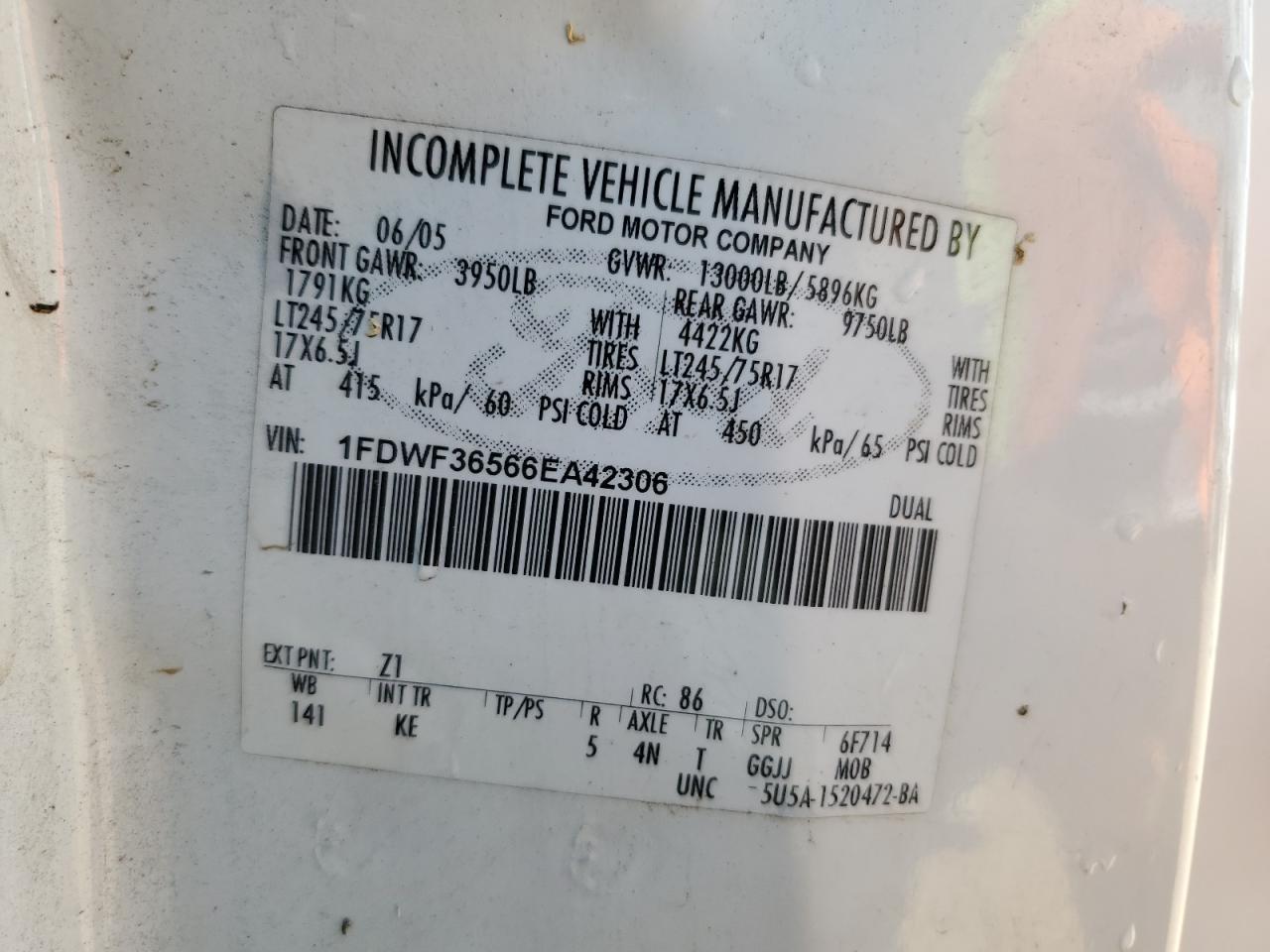 2006 Ford F350 Super Duty VIN: 1FDWF36566EA42306 Lot: 63683525