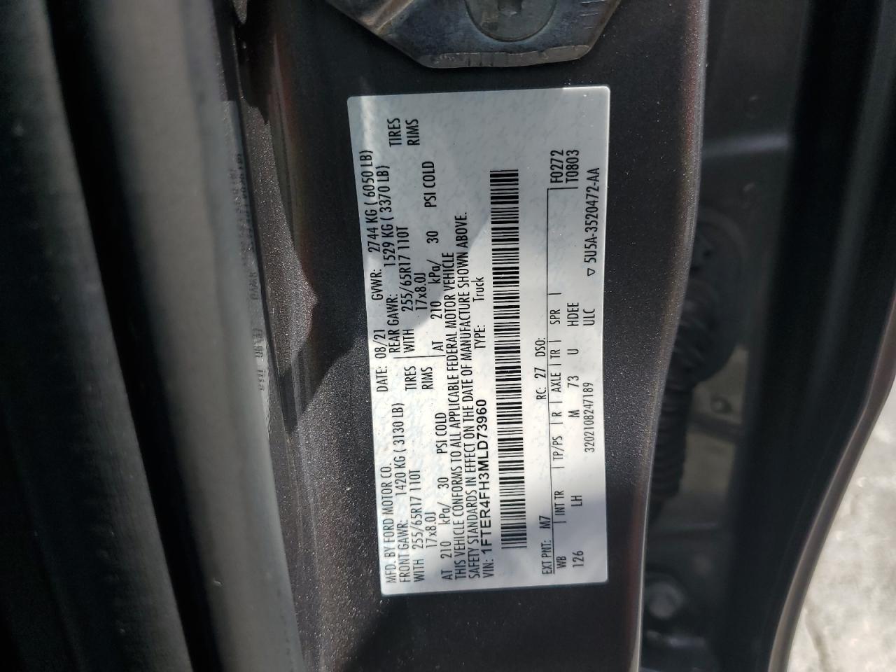 2021 Ford Ranger Xl VIN: 1FTER4FH3MLD73960 Lot: 64810085