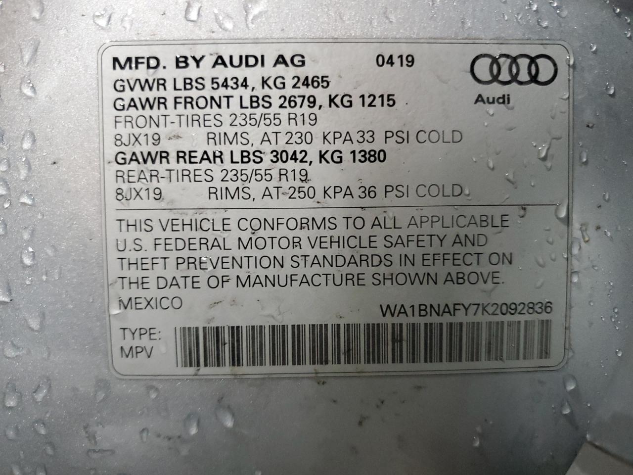 2019 Audi Q5 Premium Plus VIN: WA1BNAFY7K2092836 Lot: 64964335