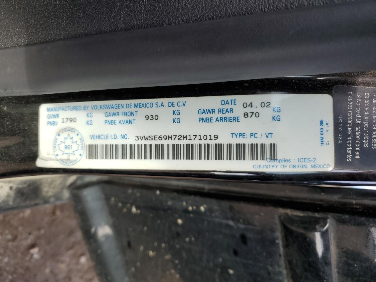2002 Volkswagen Jetta Gls VIN: 3VWSE69M72M171019 Lot: 65405145