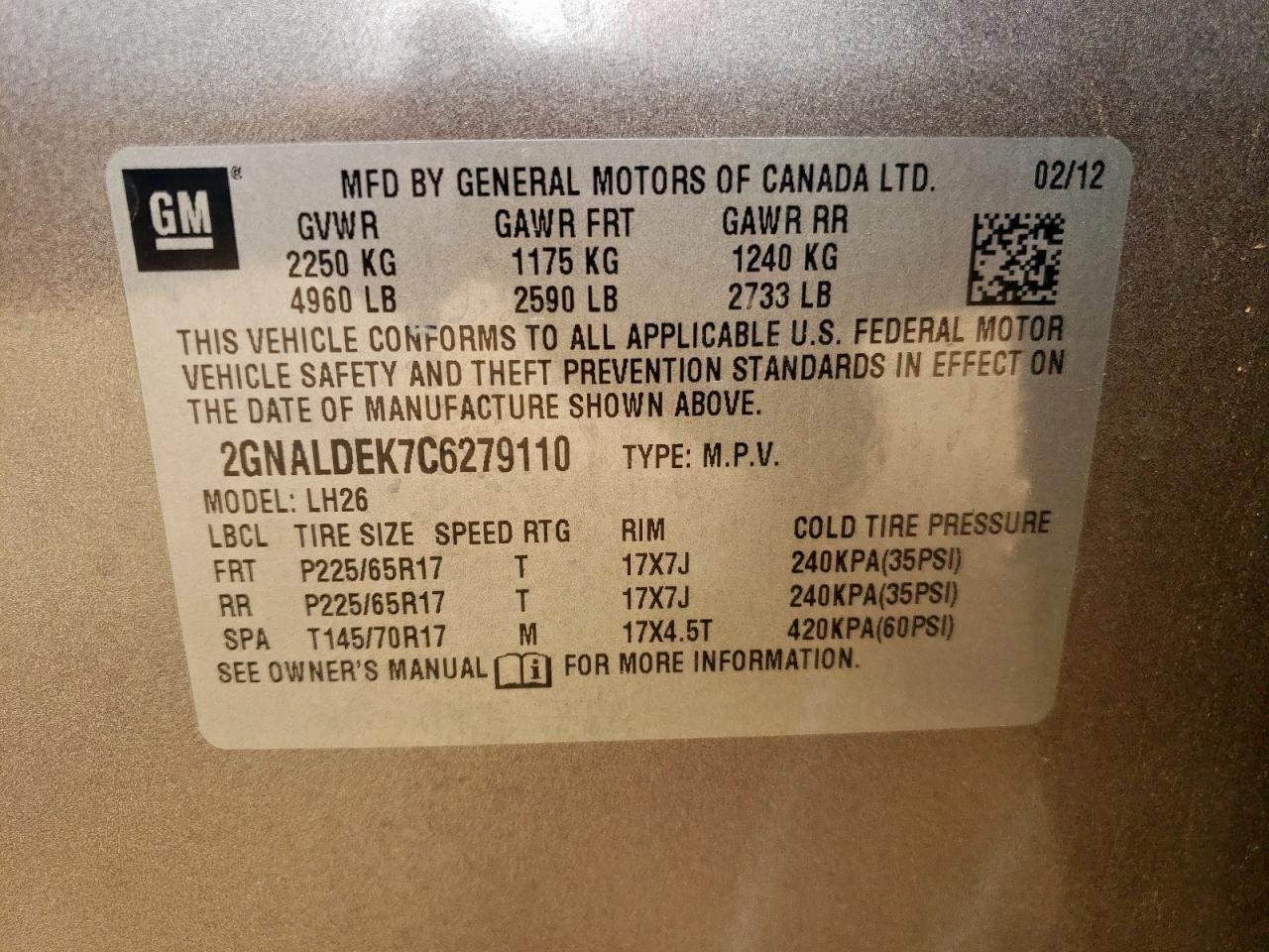 2012 Chevrolet Equinox Lt VIN: 2GNALDEK7C6279110 Lot: 63634775