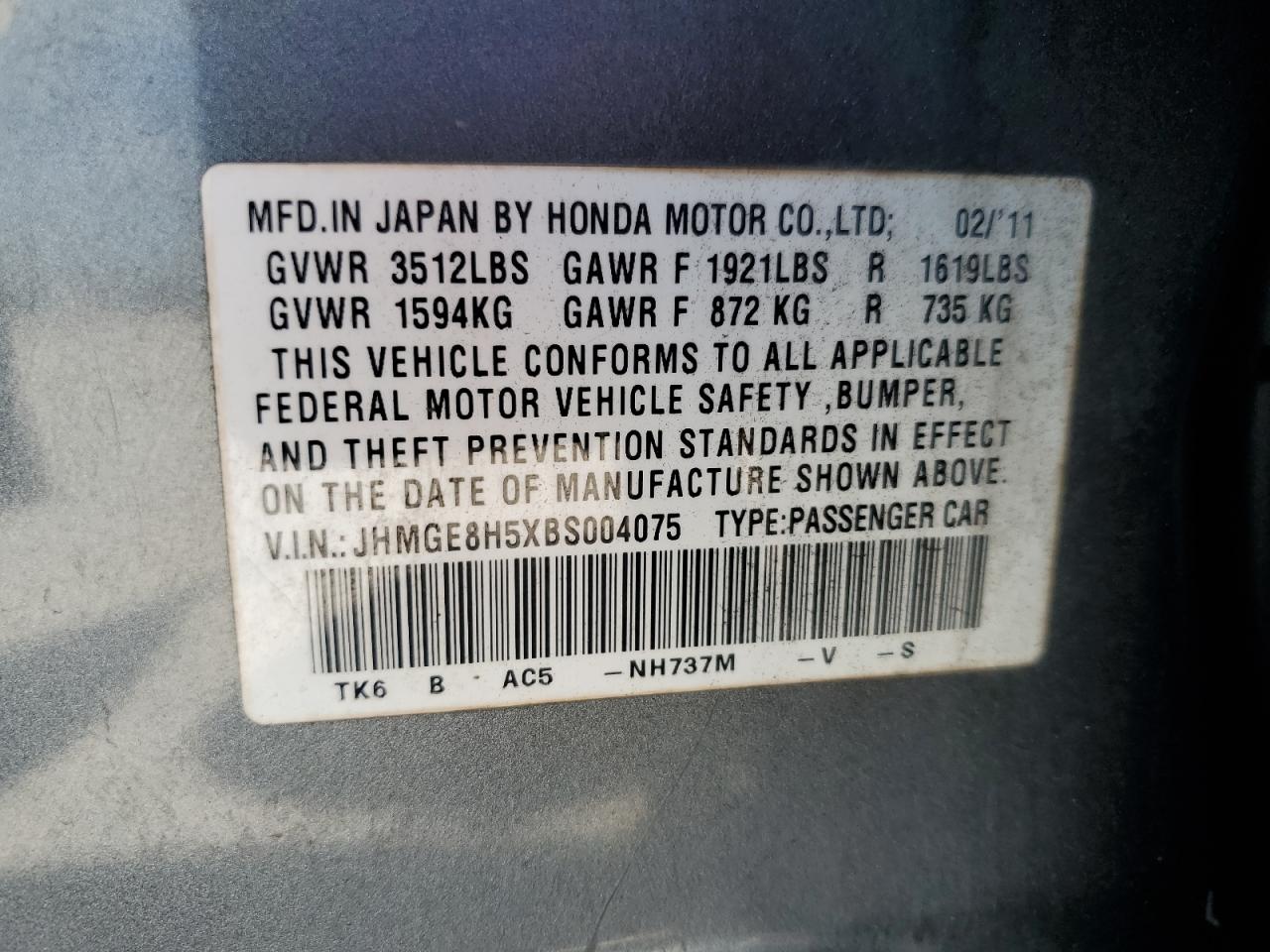 2011 Honda Fit Sport VIN: JHMGE8H5XBS004075 Lot: 64670815