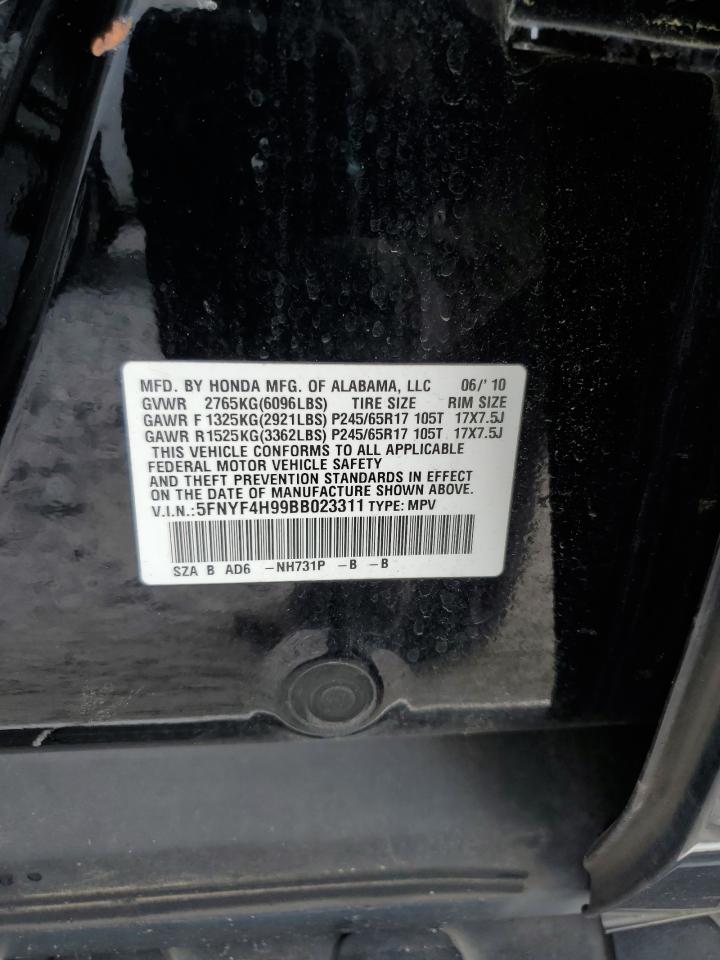 2011 Honda Pilot Touring VIN: 5FNYF4H99BB023311 Lot: 64489005