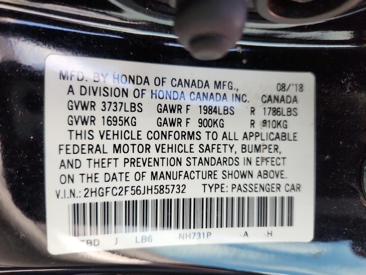 2018 Honda Civic Lx VIN: 2HGFC2F56JH585732 Lot: 63570215