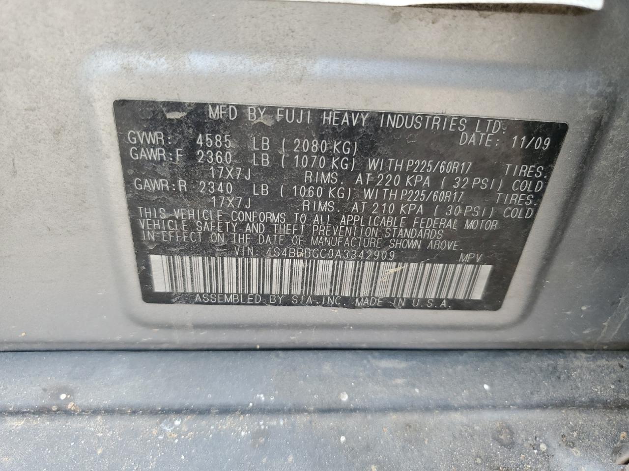 2010 Subaru Outback 2.5I Premium VIN: 4S4BRBGC0A3342909 Lot: 63391645