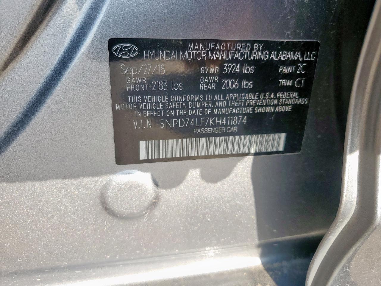2019 Hyundai Elantra Se VIN: 5NPD74LF7KH411874 Lot: 63462775