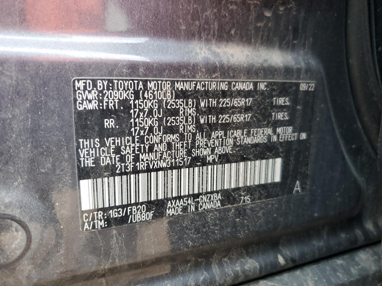 2022 Toyota Rav4 Le VIN: 2T3F1RFVXNW311517 Lot: 65086955