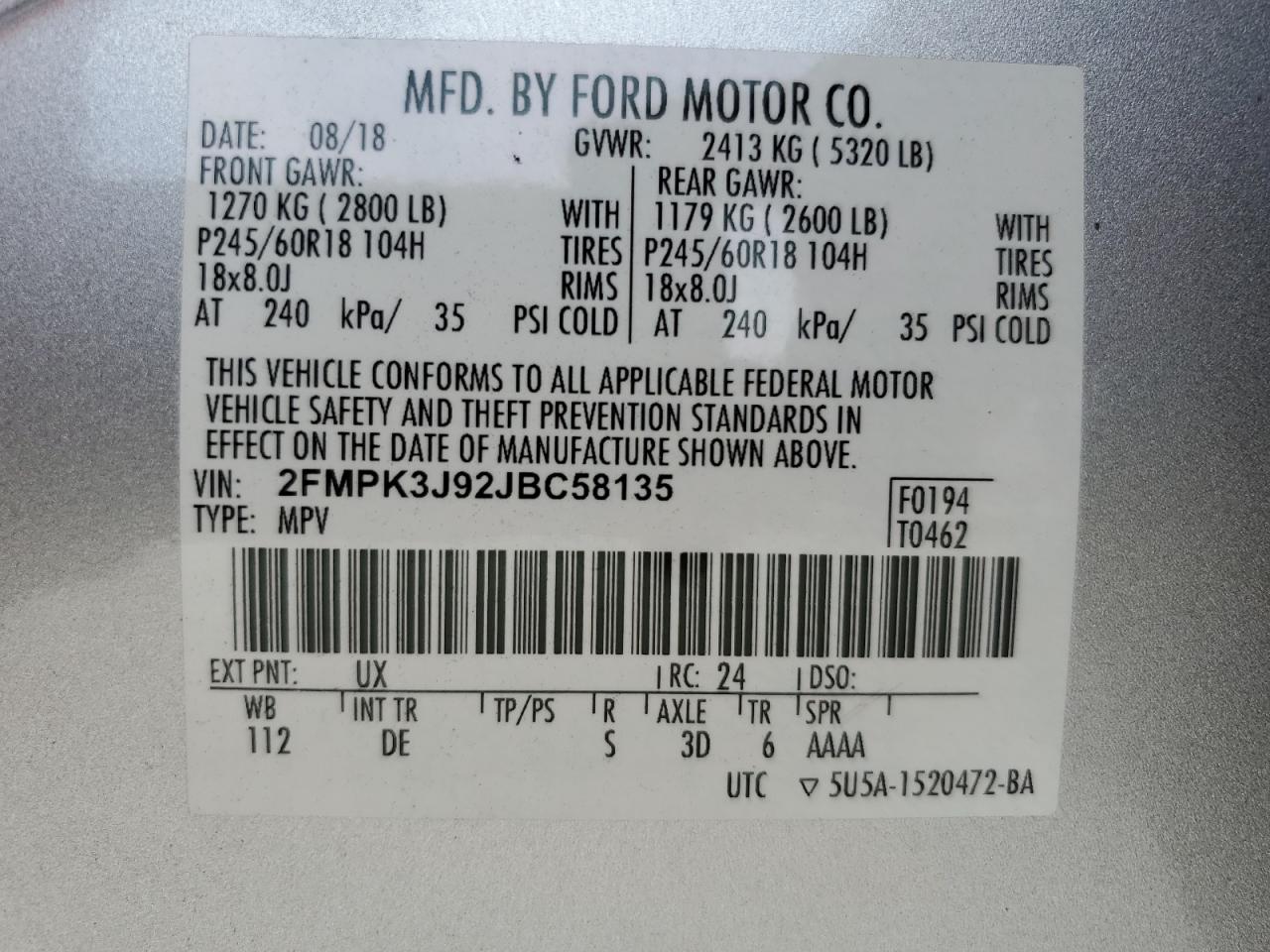 2018 Ford Edge Sel VIN: 2FMPK3J92JBC58135 Lot: 63828165