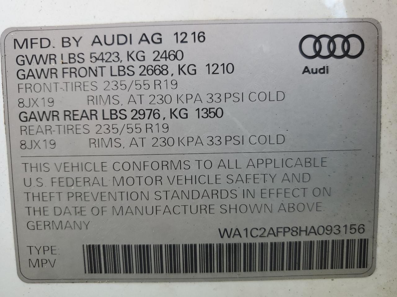 2017 Audi Q5 Premium VIN: WA1C2AFP8HA093156 Lot: 63596285