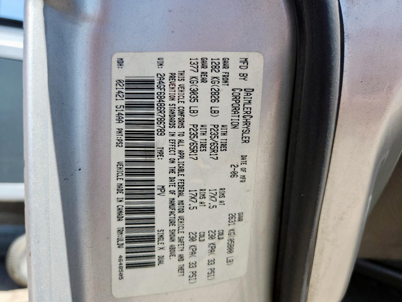 2006 Chrysler Pacifica Touring VIN: 2A4GF68486R786789 Lot: 64670015