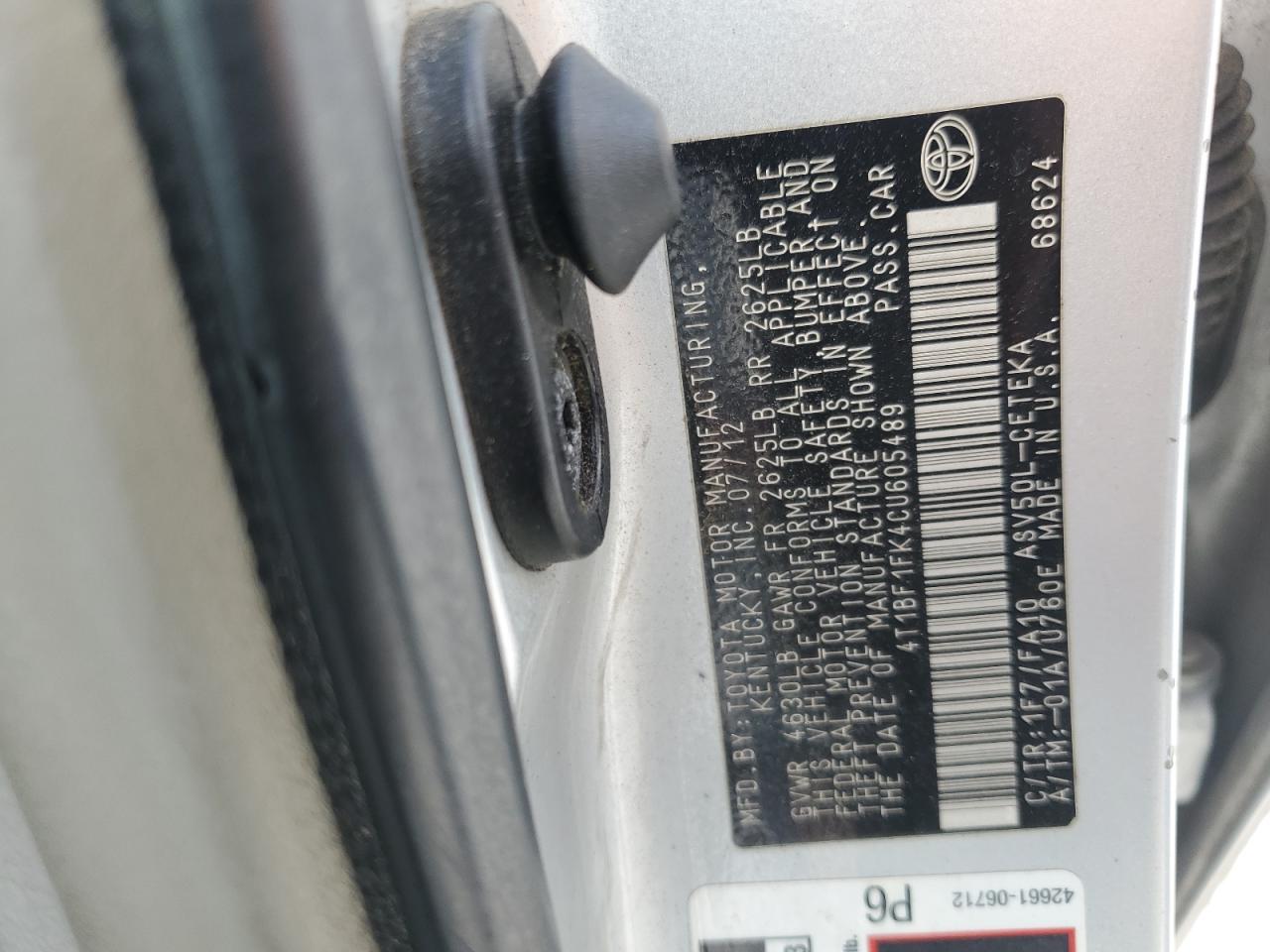 2012 Toyota Camry Base VIN: 4T1BF1FK4CU605489 Lot: 62834915