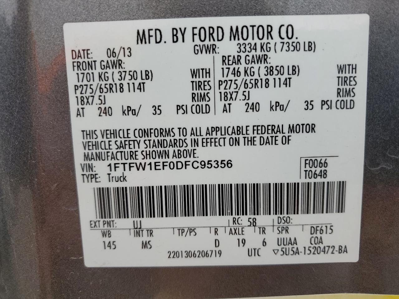 2013 Ford F150 Supercrew VIN: 1FTFW1EF0DFC95356 Lot: 65678595