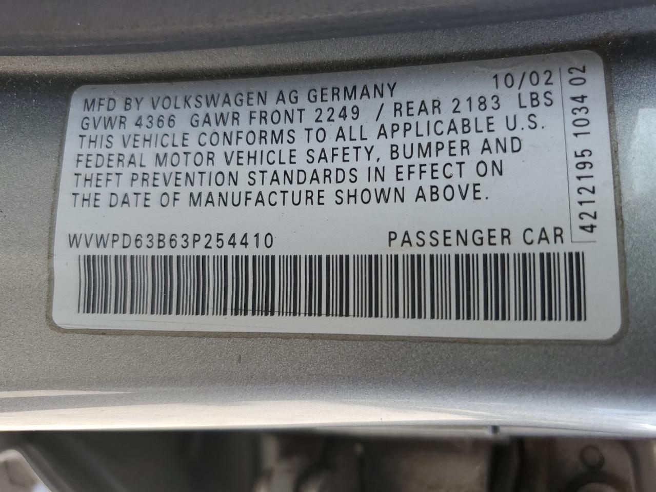 2003 Volkswagen Passat Gls VIN: WVWPD63B63P254410 Lot: 63975115