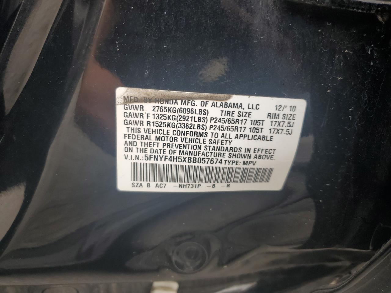 2011 Honda Pilot Exl VIN: 5FNYF4H5XBB057674 Lot: 64407805