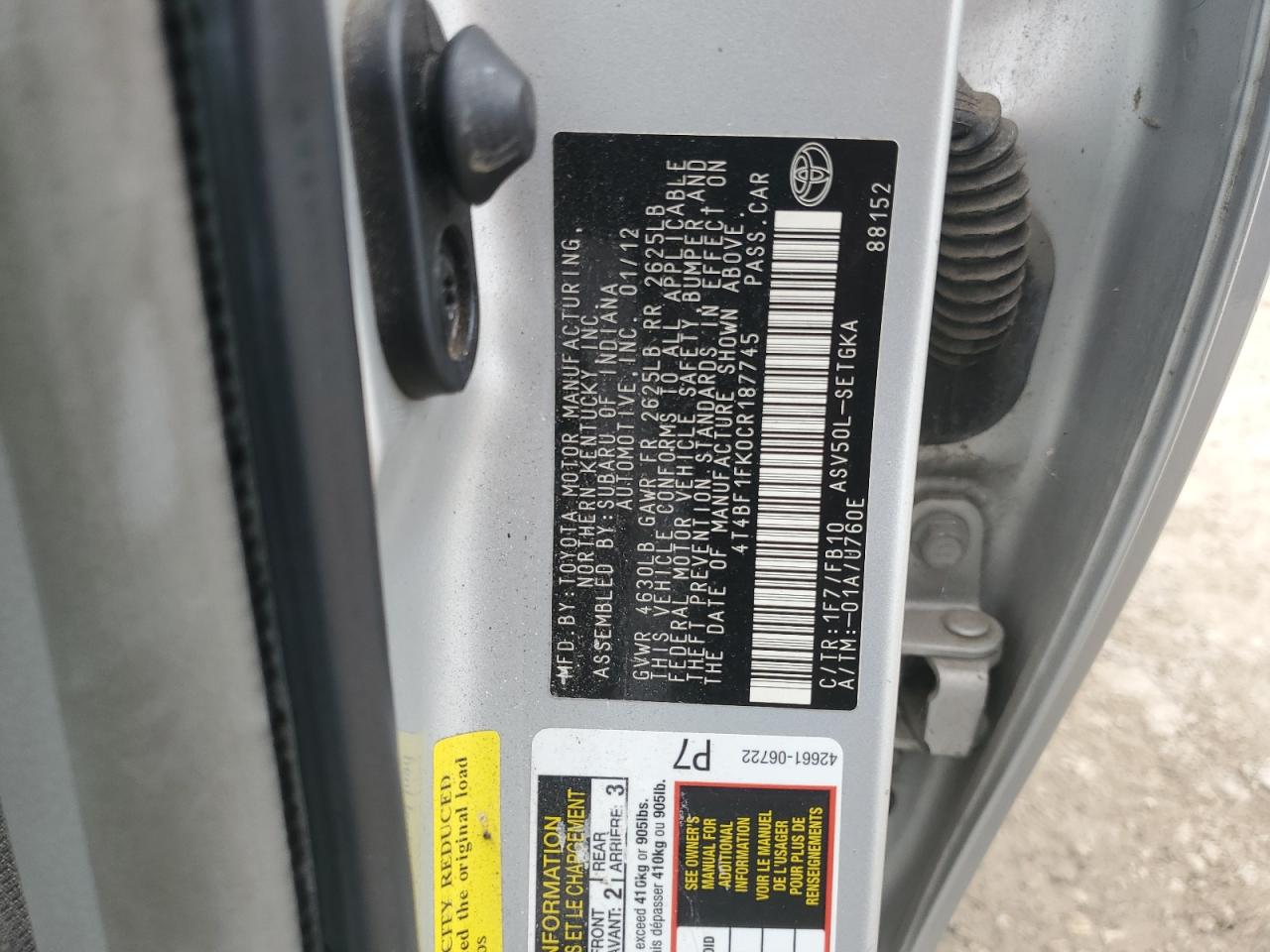 2012 Toyota Camry Base VIN: 4T4BF1FK0CR187745 Lot: 65628515