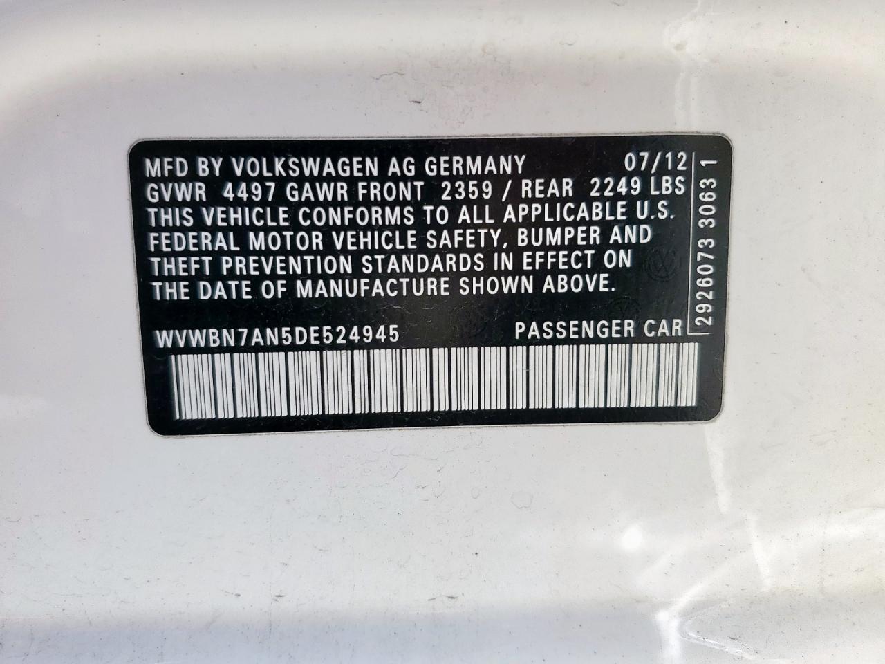 2013 Volkswagen Cc Sport VIN: WVWBN7AN5DE524945 Lot: 63862975