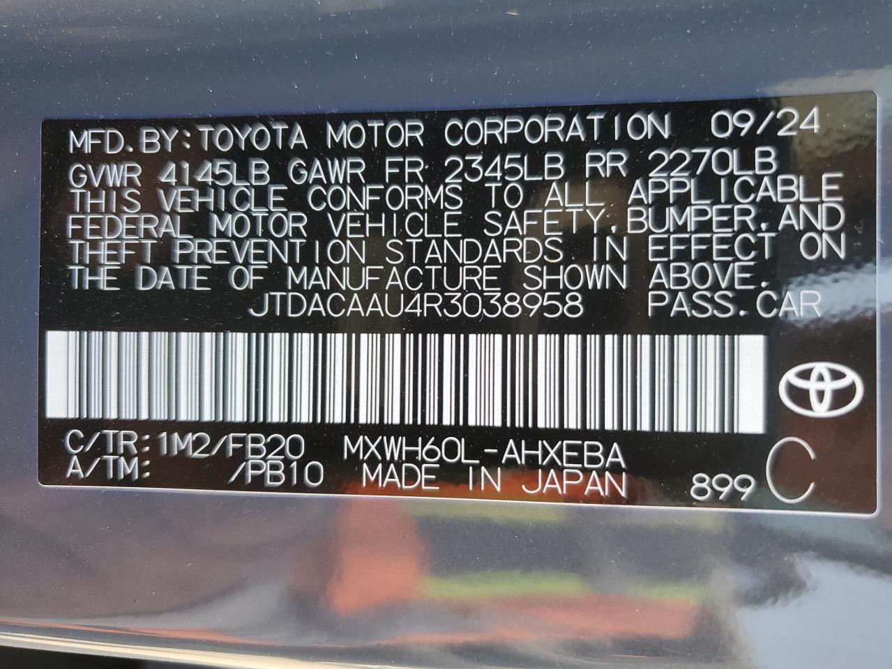 2024 Toyota Prius Le VIN: JTDACAAU4R3038958 Lot: 63033925