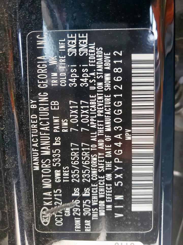 2016 Kia Sorento Lx VIN: 5XYPG4A30GG126812 Lot: 65438695