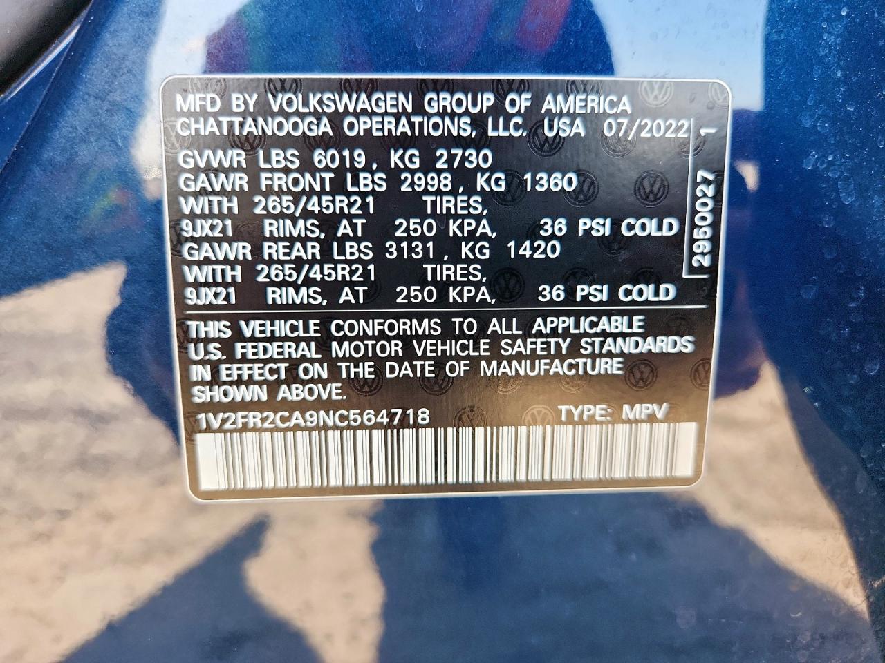 2022 Volkswagen Atlas Sel Premium R-Line VIN: 1V2FR2CA9NC564718 Lot: 64556205