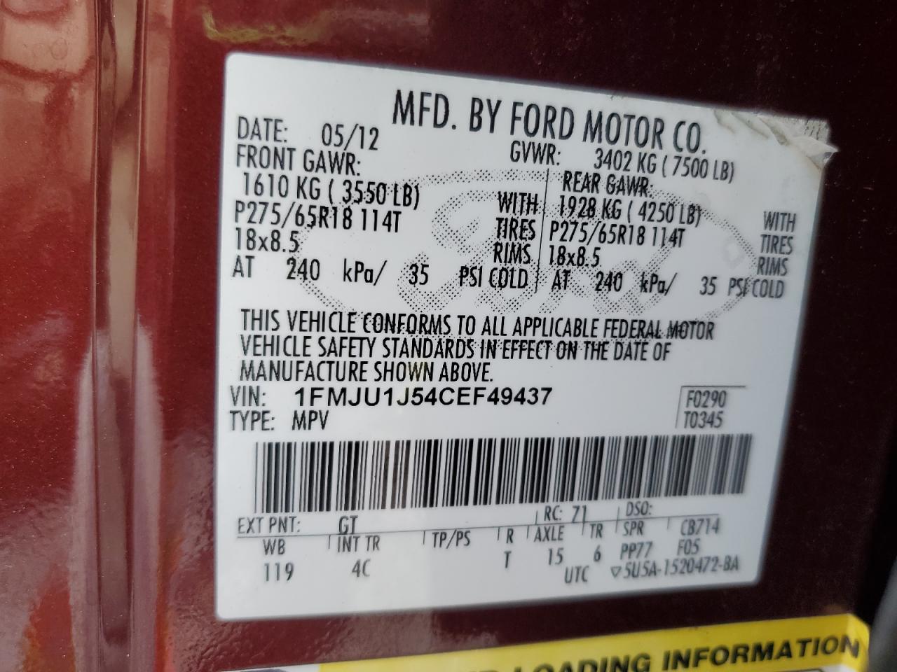 2012 Ford Expedition Xlt VIN: 1FMJU1J54CEF49437 Lot: 64354945