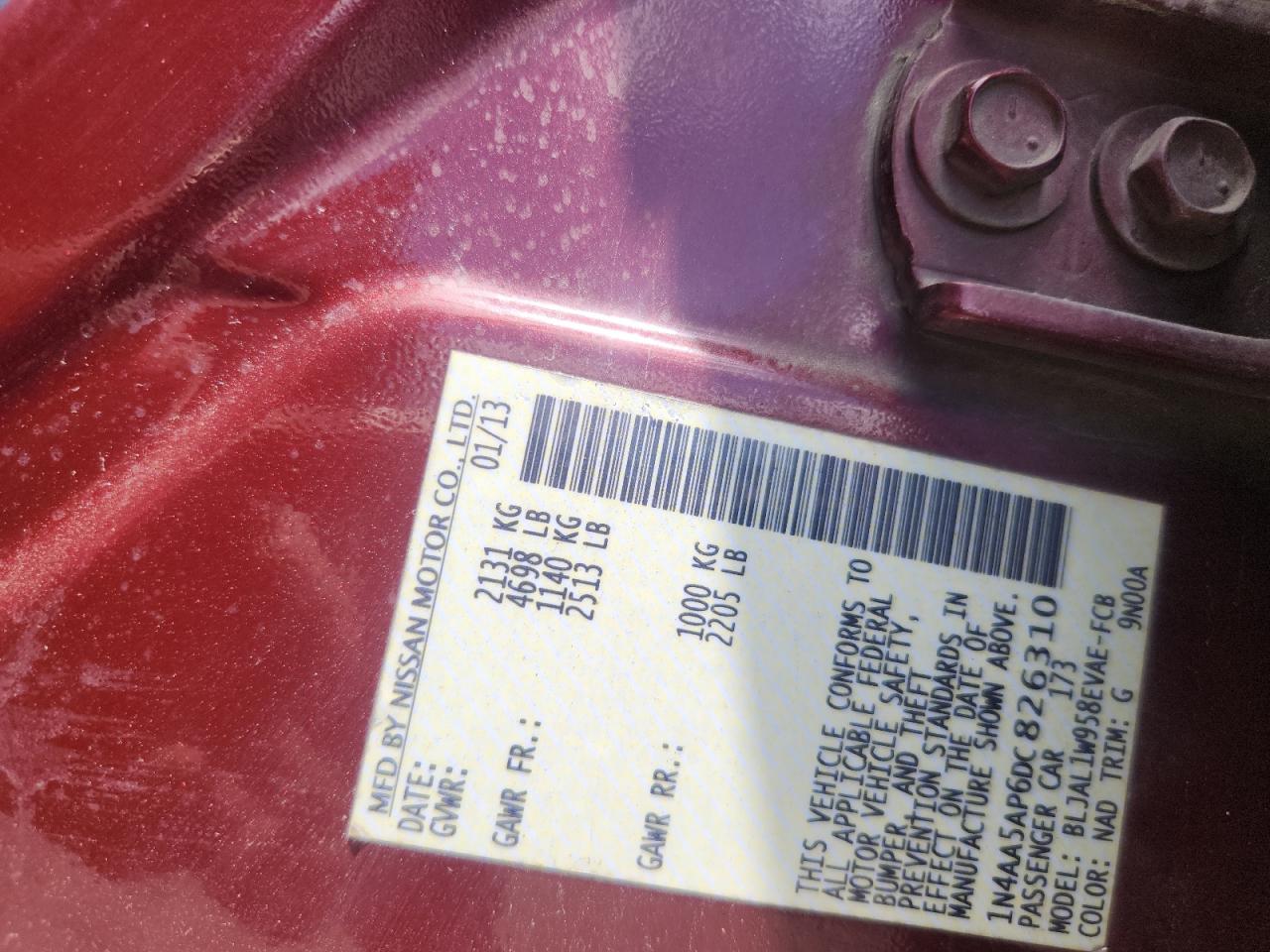 2013 Nissan Maxima S VIN: 1N4AA5AP6DC826310 Lot: 63132005
