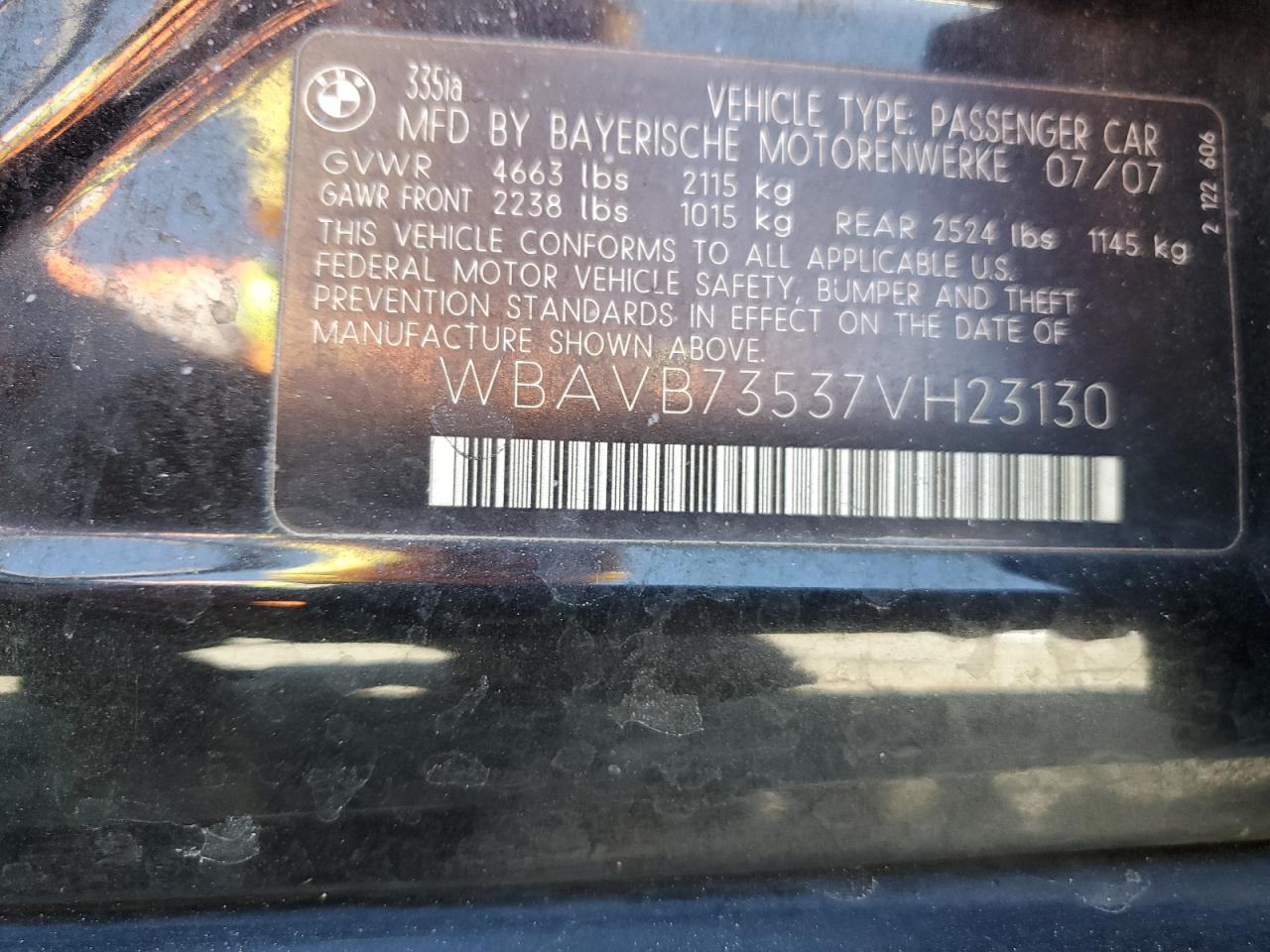2007 BMW 335 I VIN: WBAVB73537VH23130 Lot: 64127295