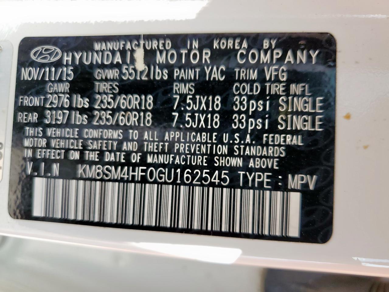 2016 Hyundai Santa Fe Se VIN: KM8SM4HF0GU162545 Lot: 64723495