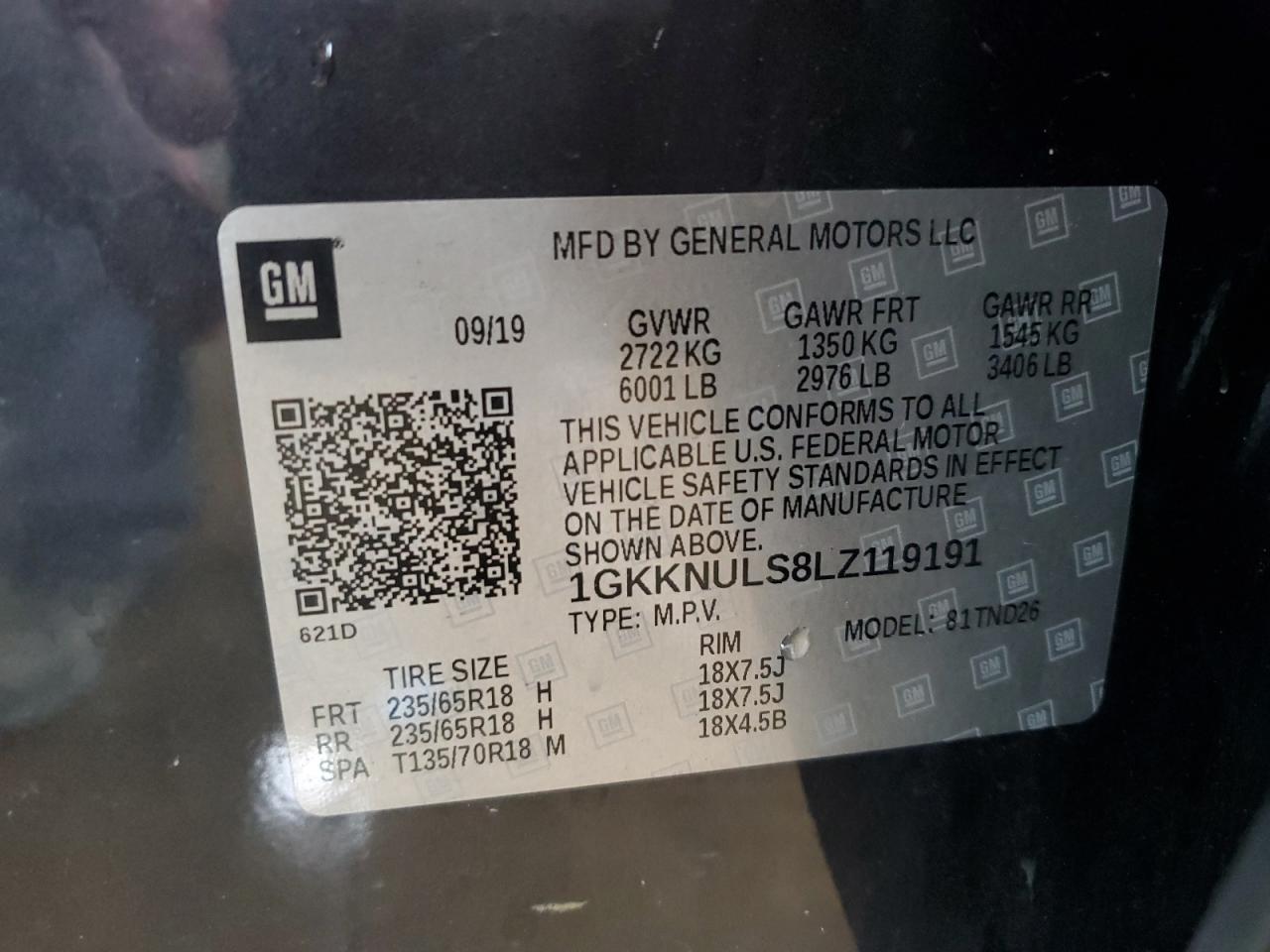 2020 GMC Acadia Slt VIN: 1GKKNULS8LZ119191 Lot: 64003155