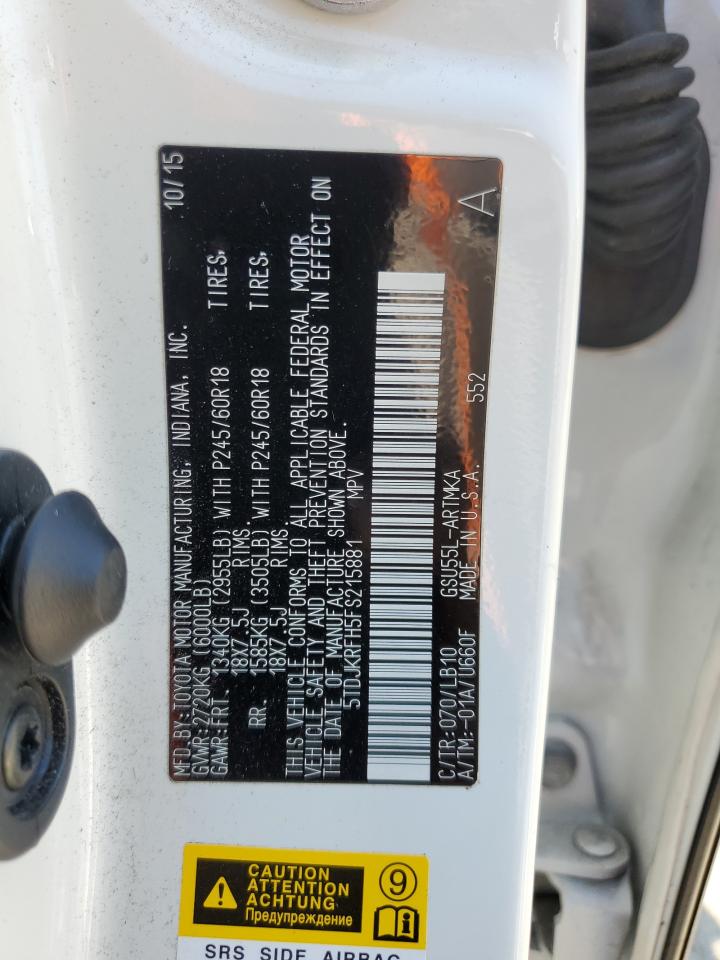 2015 Toyota Highlander Xle VIN: 5TDJKRFH5FS215881 Lot: 64847315